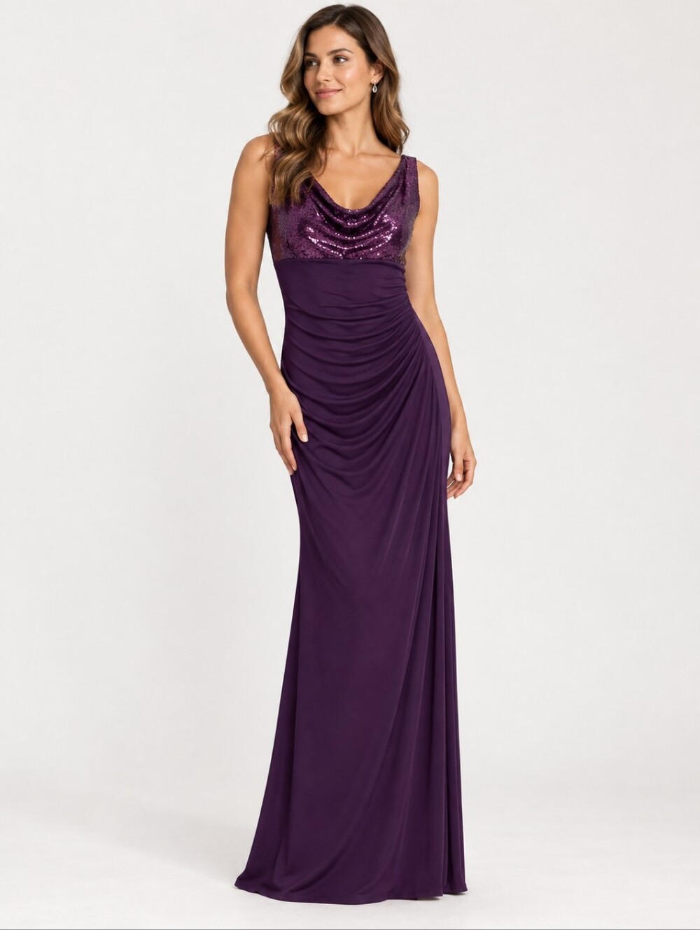 Lauren Ralph Lauren Evenening Sequin Cowl Neck Ruched Evening Gown – Plum Sz 6